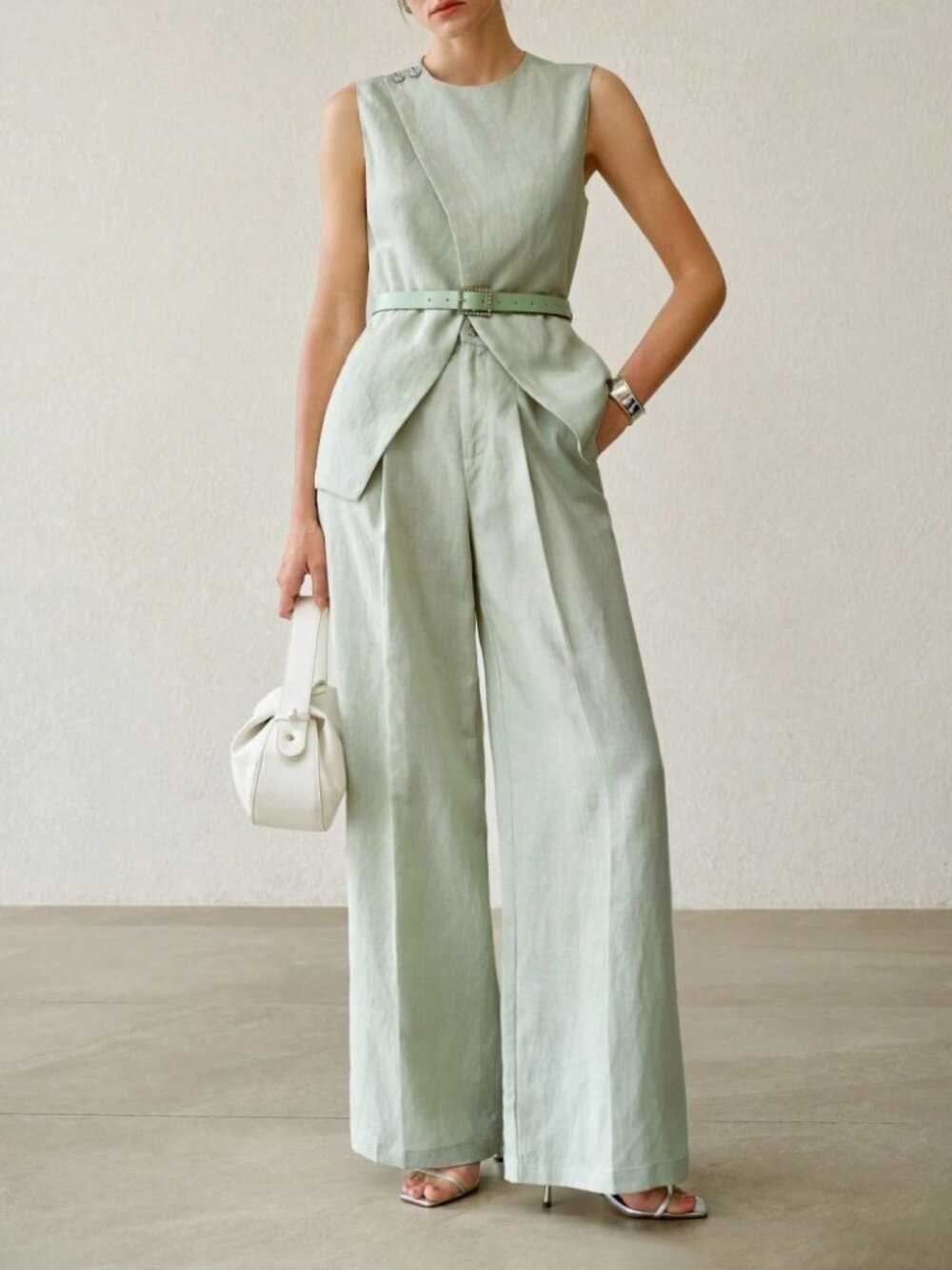 Mint Green Asymmetric Top & Wide Leg Pants Pantsuit Set